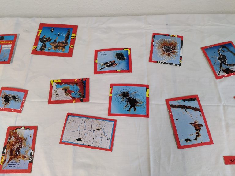 Postkarten aus Fotos von Rostflecken und Pizzakarton